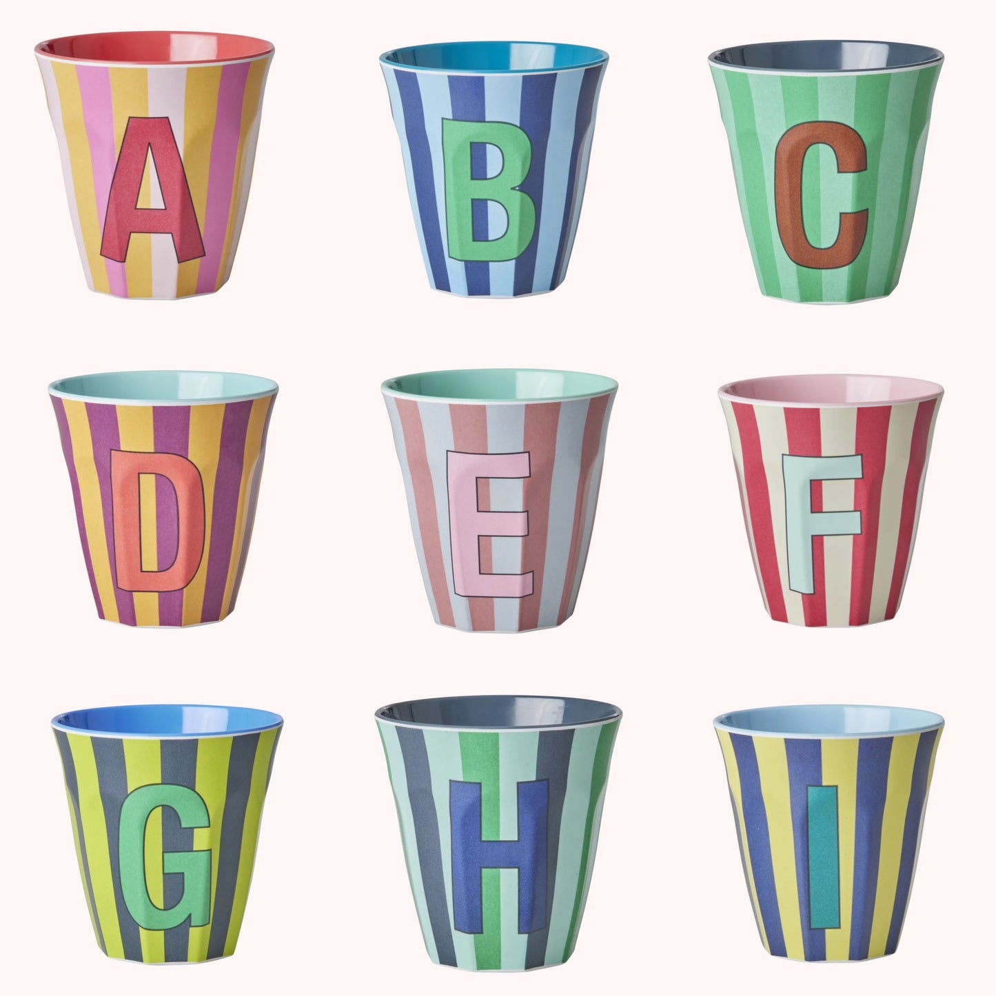 Stripy alphabet melamine cups