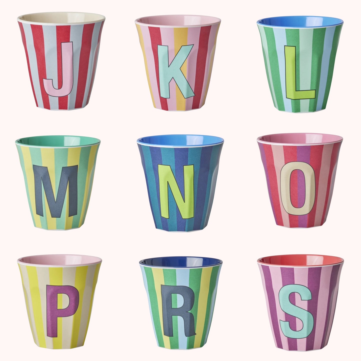 Stripy alphabet melamine cups