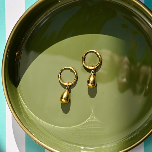 Gold Drop Hoop Earrings, Waterproof