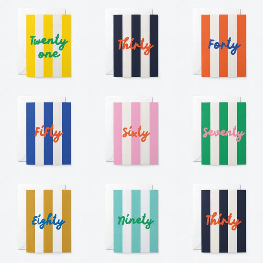 Stripy number birthday cards 21-90