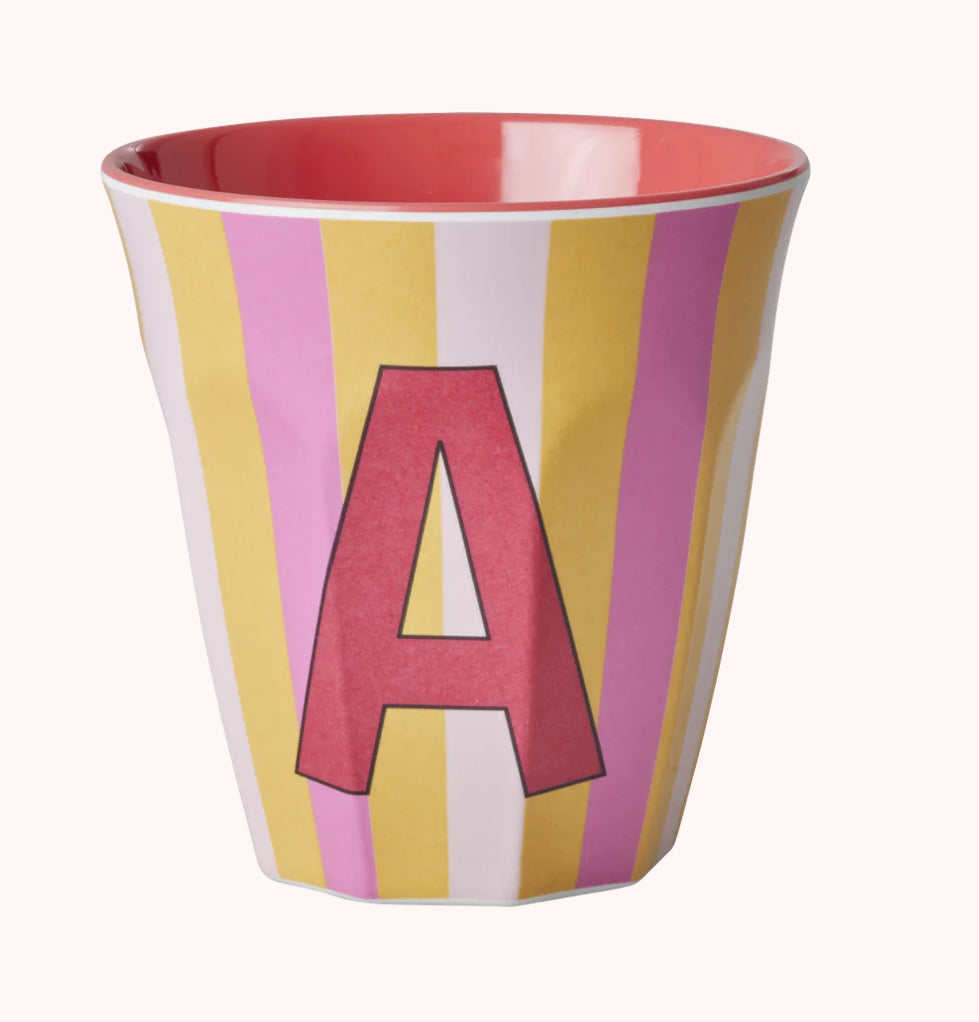 Stripy alphabet melamine cups