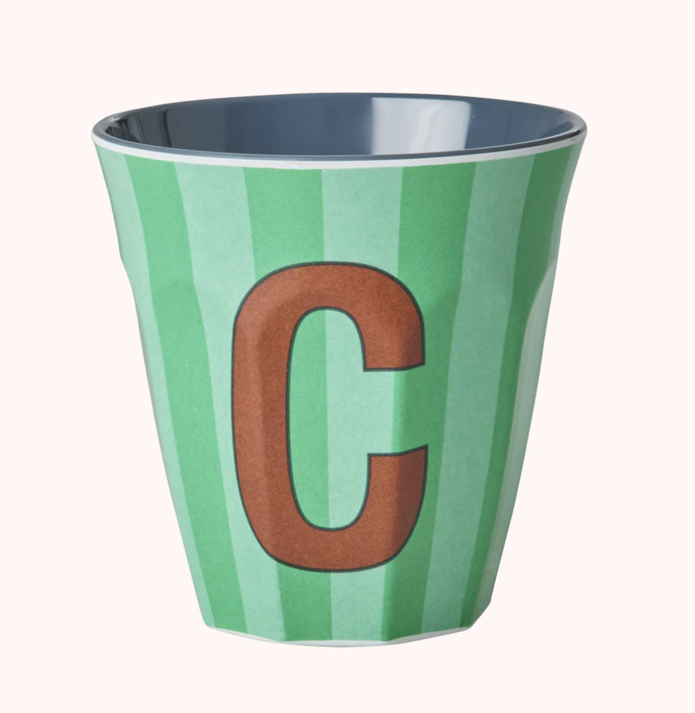Stripy alphabet melamine cups