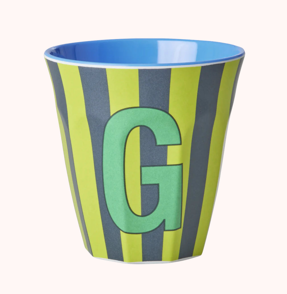 Stripy alphabet melamine cups
