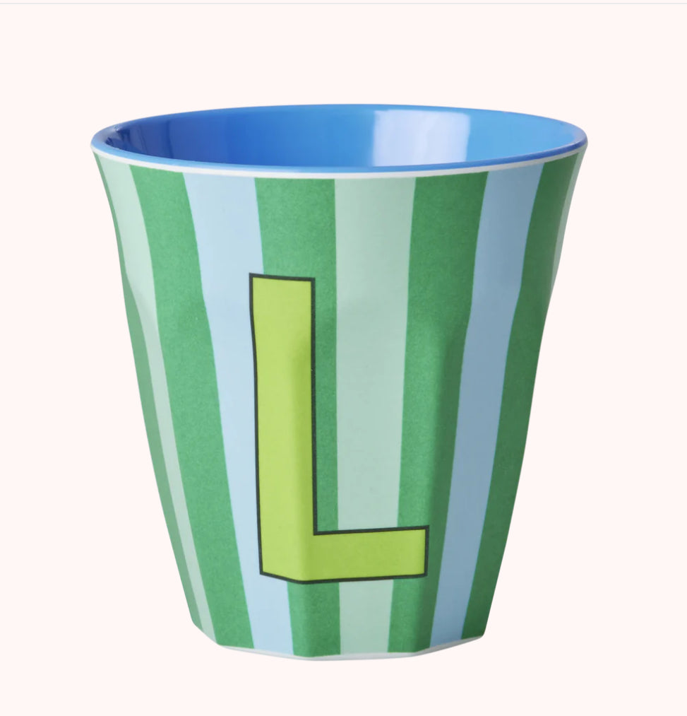 Stripy alphabet melamine cups
