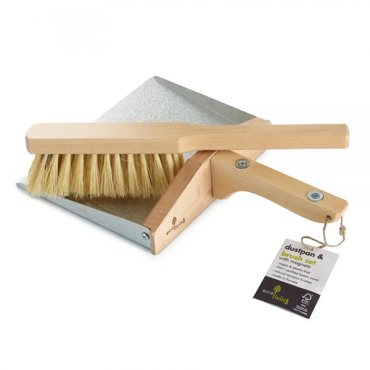 Magnetic wooden dustpan and brush
