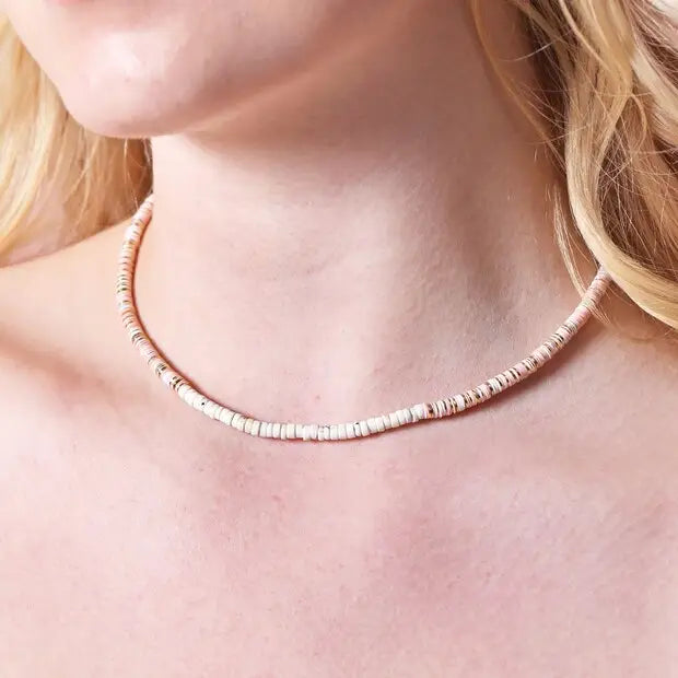 Light pink and gold heishi necklace
