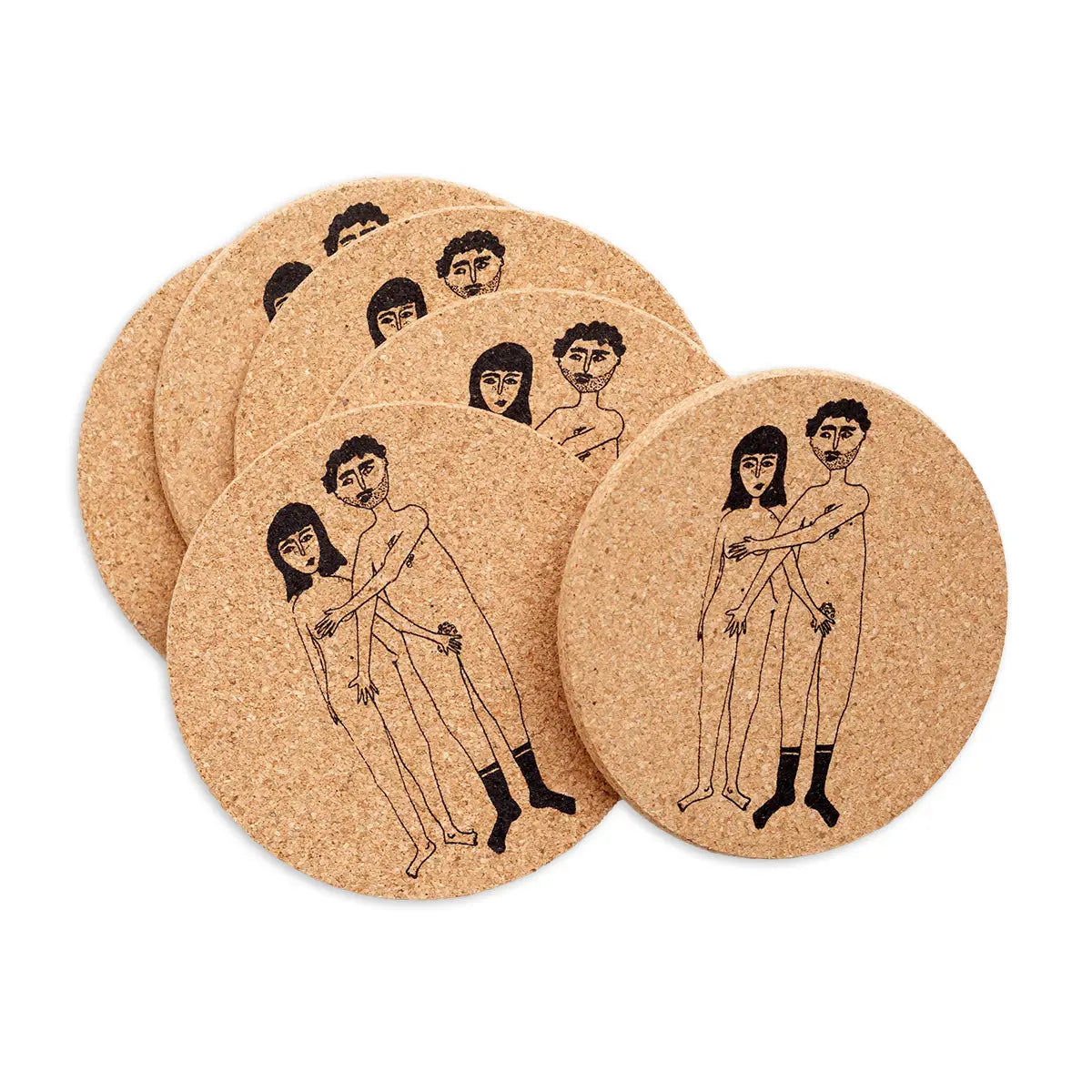 Naked couple cork coaster set