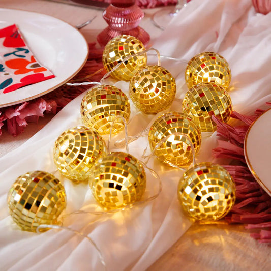 Gold disco ball string lights
