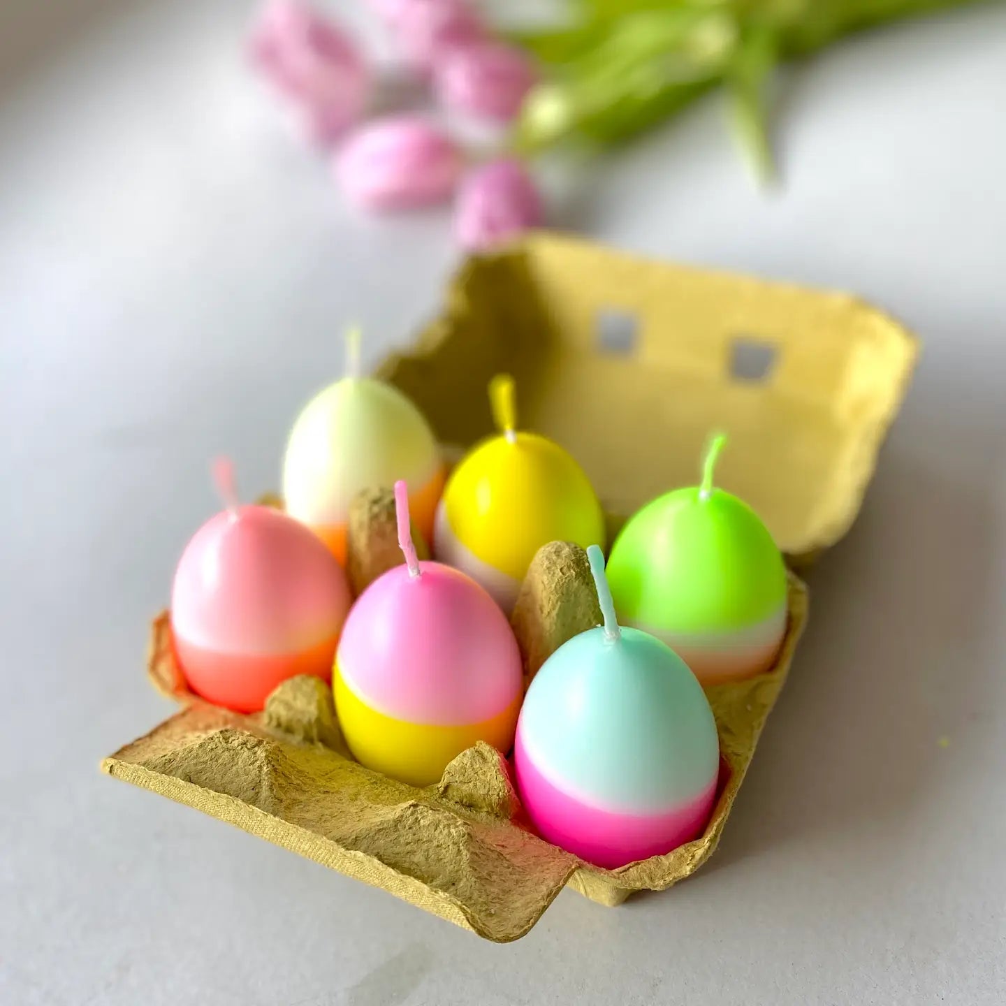 6 neon egg candles in carton