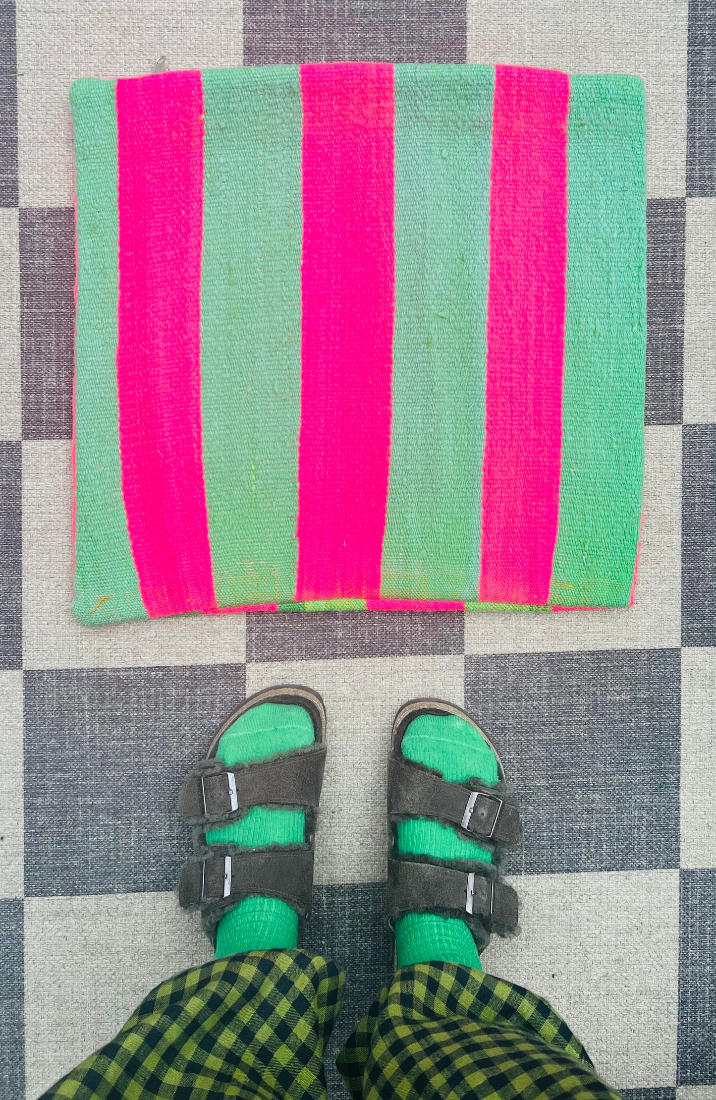 Green and pink stripe Berber cushion
