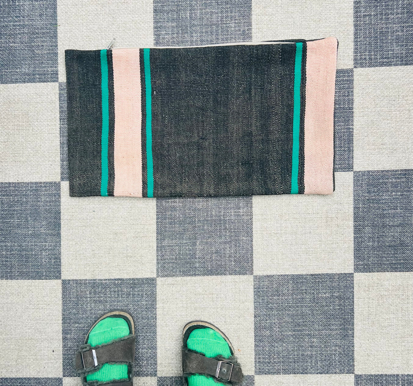Black, natural and green striped cushion cover