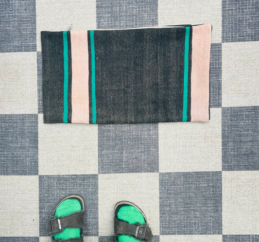 Black, natural and green striped cushion cover