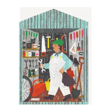 Man in shed die cut card