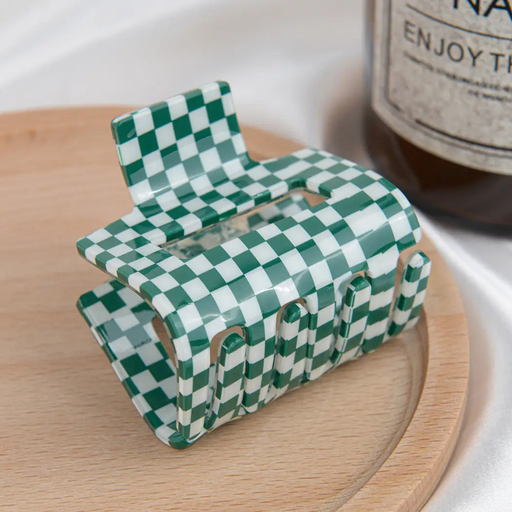 Green and white checked claw clip