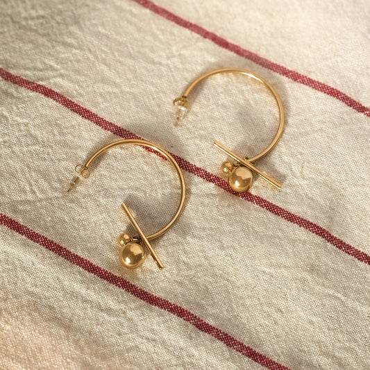 Gold bar and ball hoop earrings