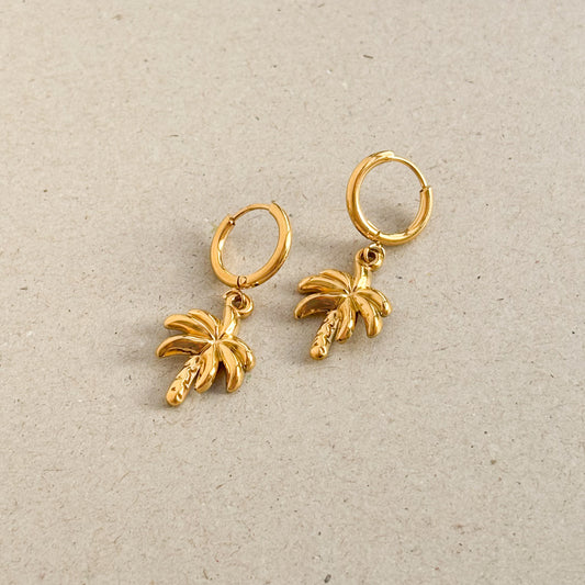 Gold palm tree huggie hoop earrings