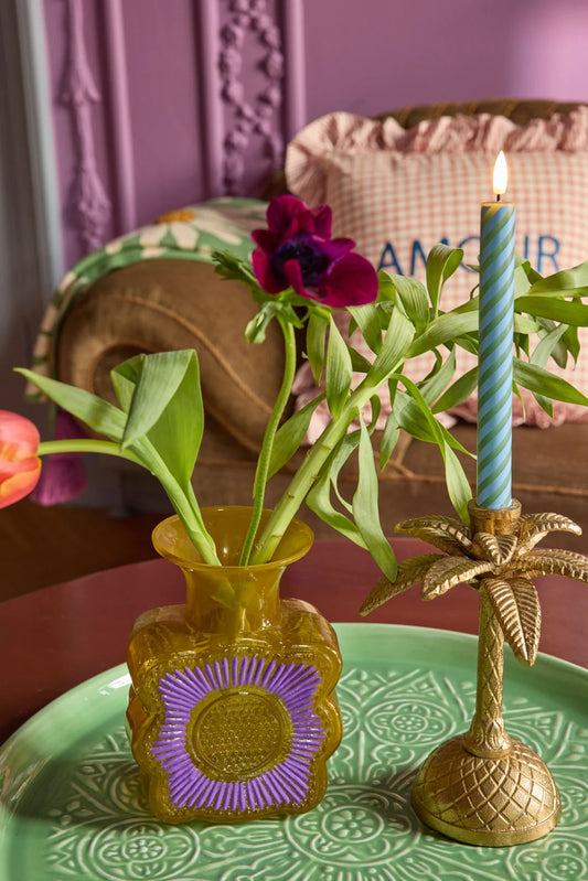 Glass vase with flower design - curry/purple