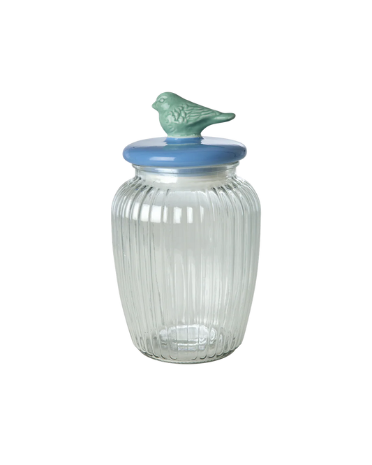 Glass jar with bird lid