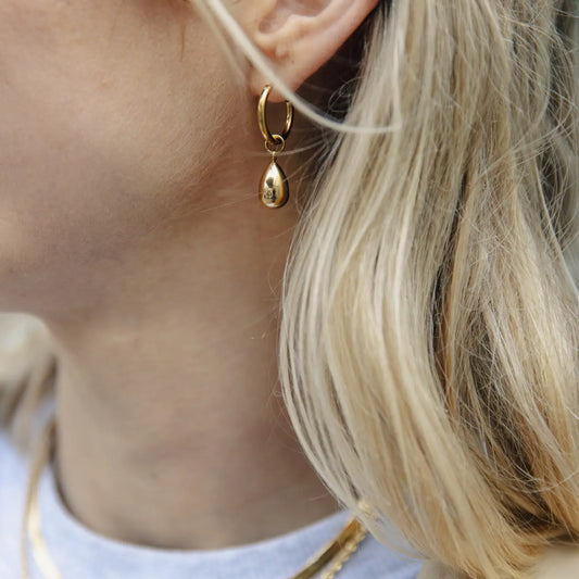Gold Drop Hoop Earrings, Waterproof