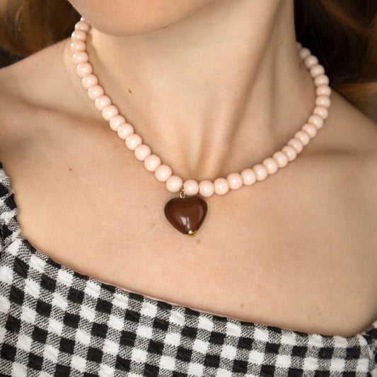 Cream bead and brown heart necklace