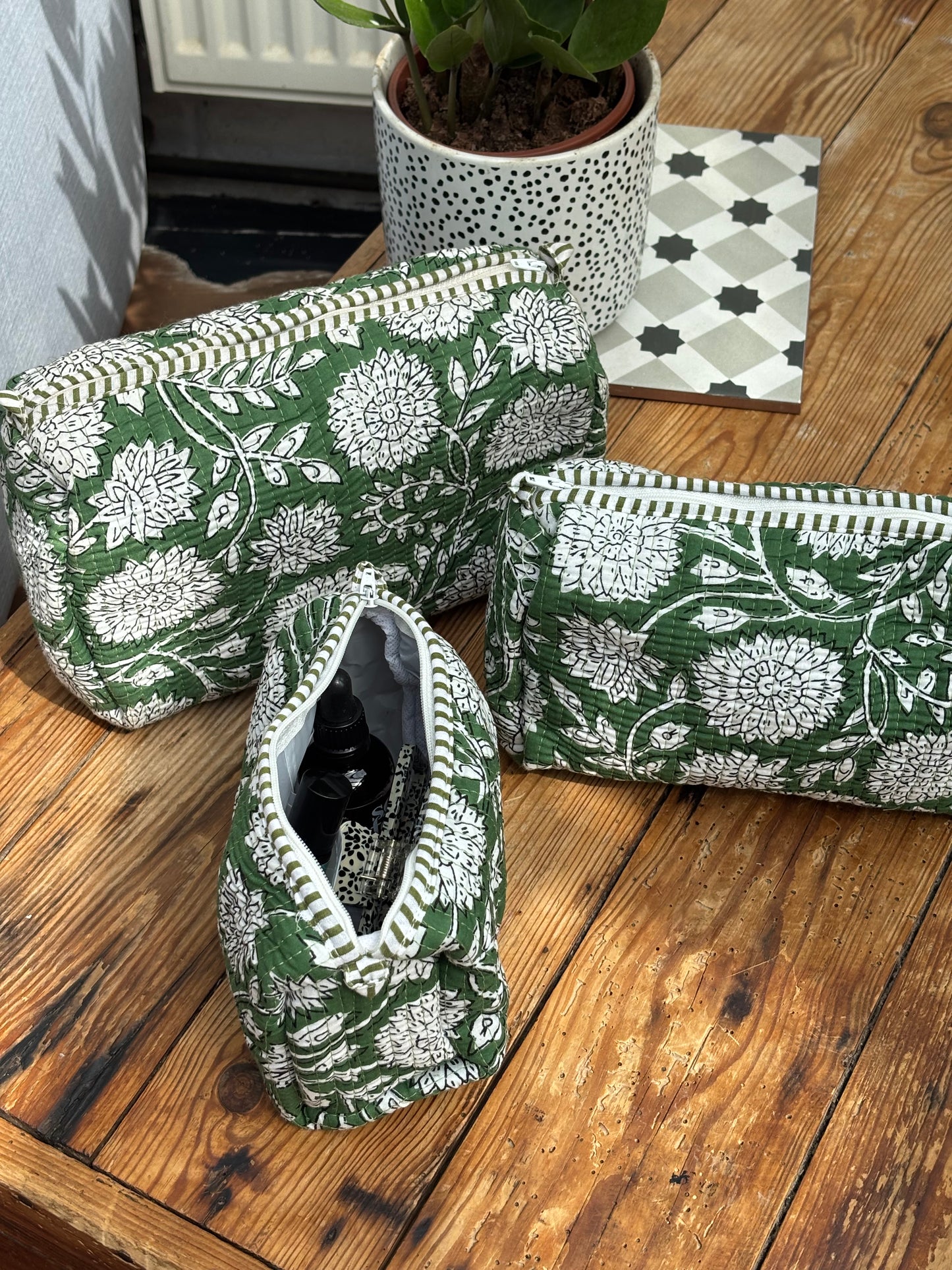 Indian cotton washbag - green with white flowers
