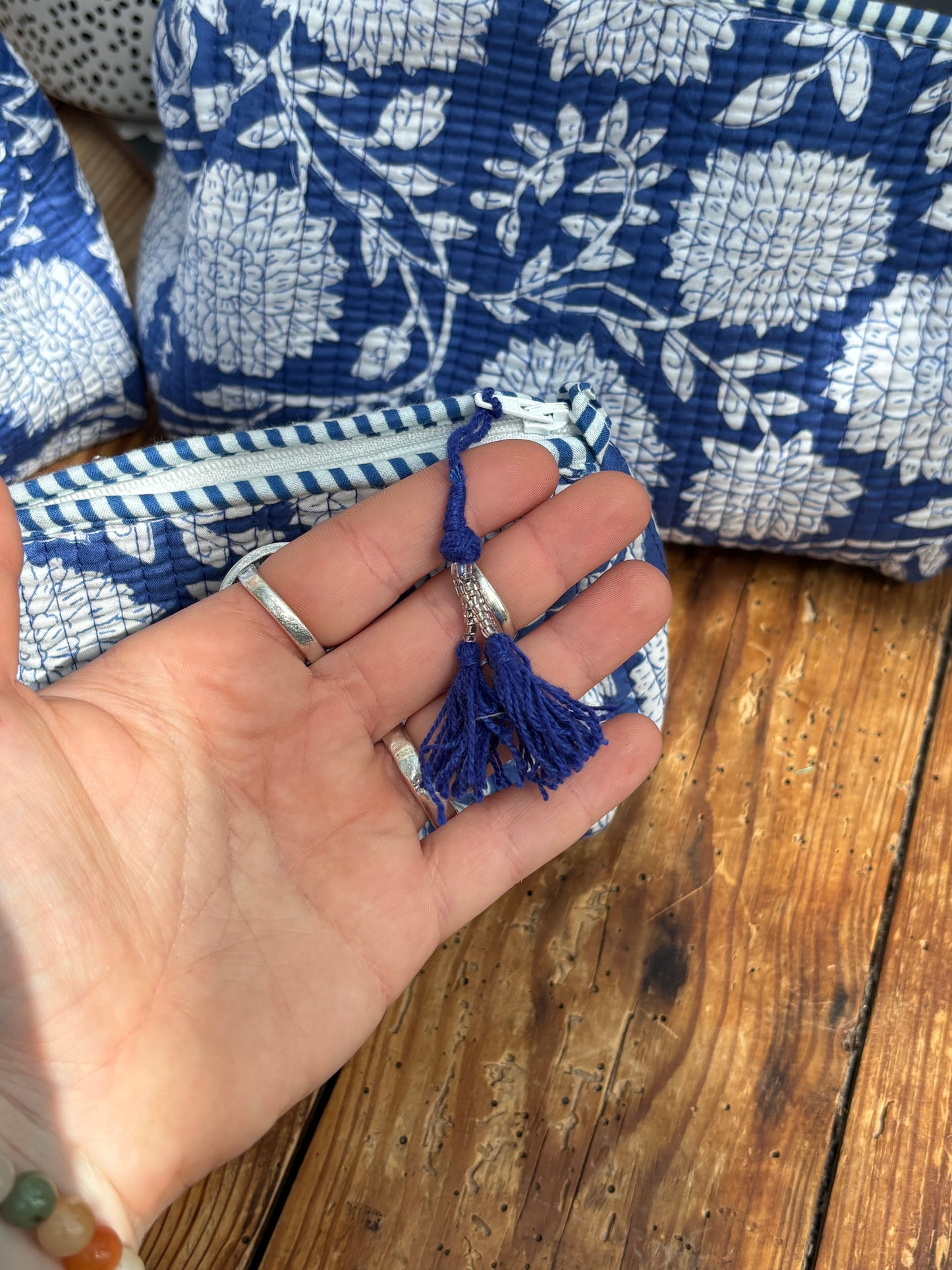 Indian cotton washbag - blue with white flowers