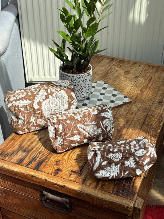 Indian cotton washbags - brown with white flowers