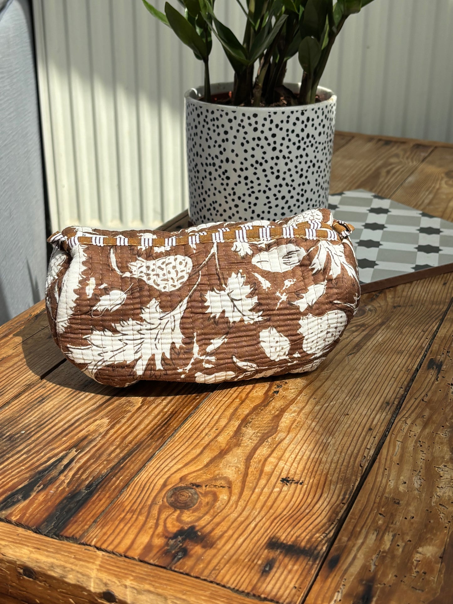 Indian cotton washbags - brown with white flowers