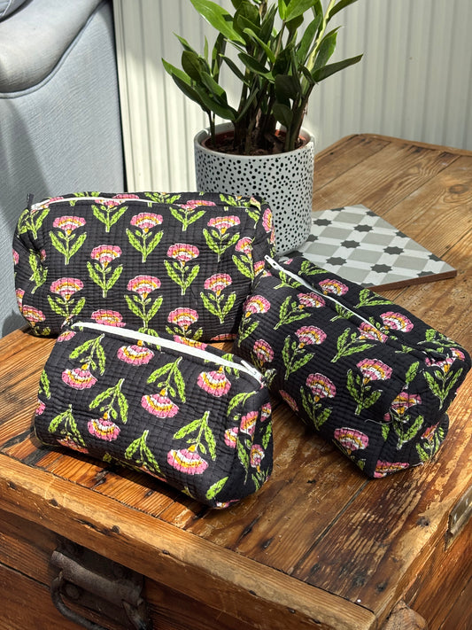 Indian cotton washbags - black with pink flowers