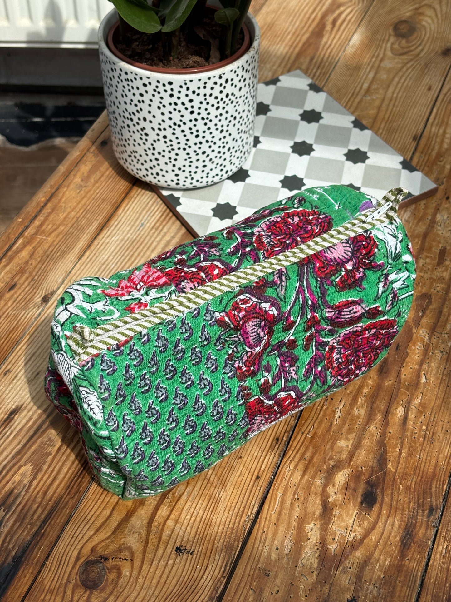 Indian cotton washbag - green botanical multi