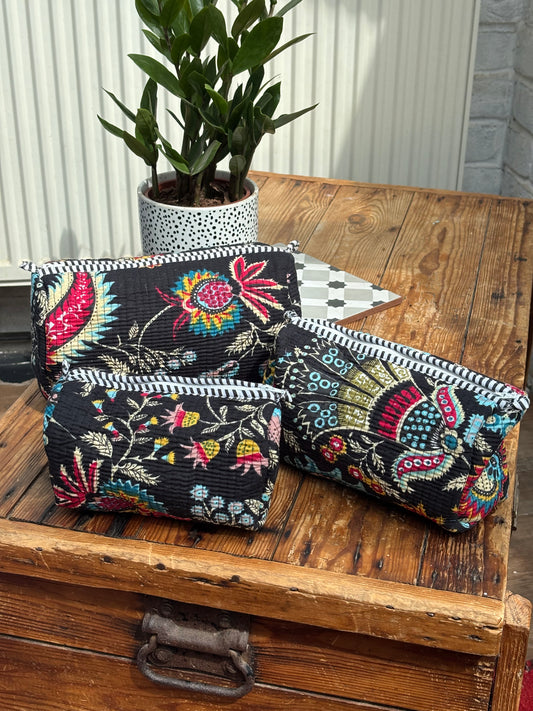 Indian cotton washbag - black botanicals bright