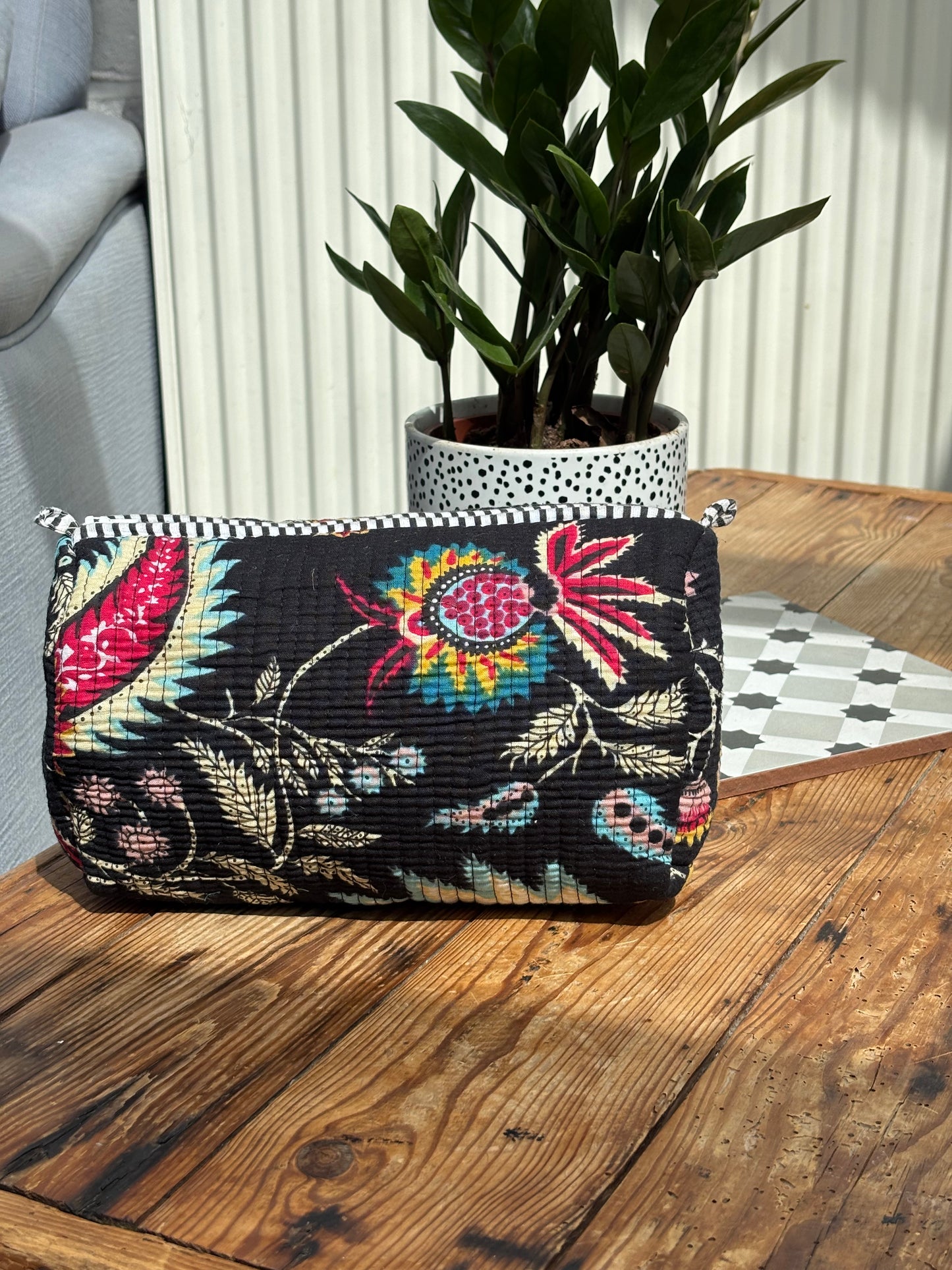 Indian cotton washbag - black botanicals bright