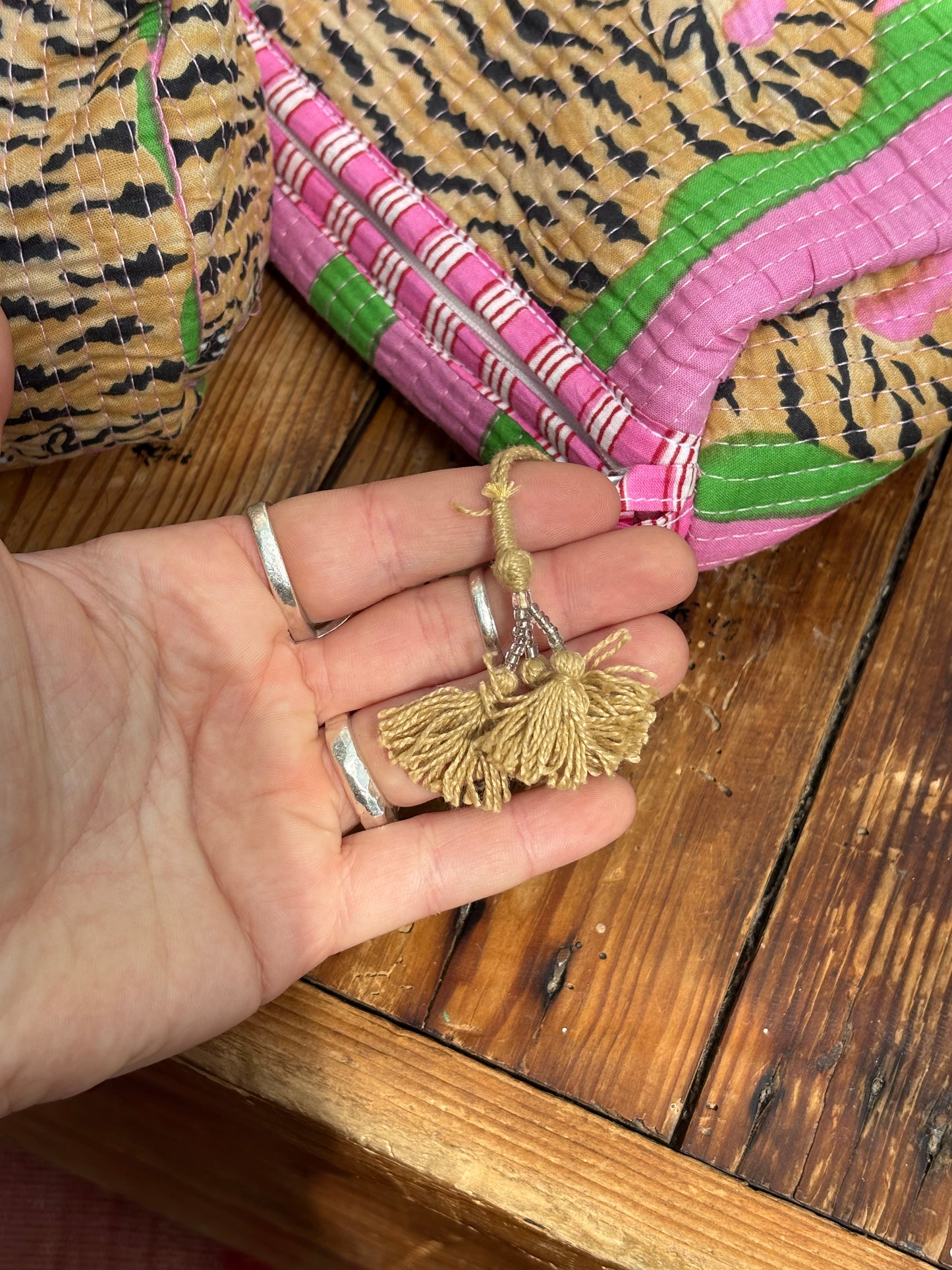 Indian cotton washbag - green and pink stripe with tigers