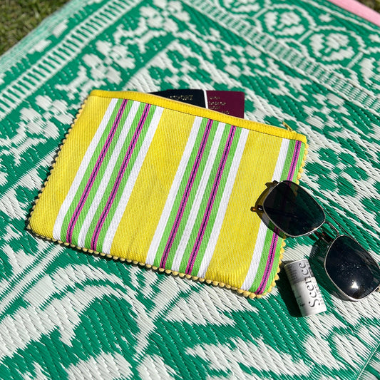 Woven stripy pompom pouch