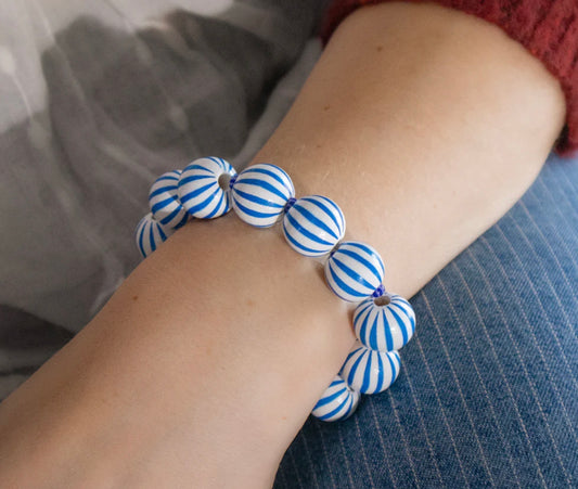 White and blue stripe chunky bead bracelet