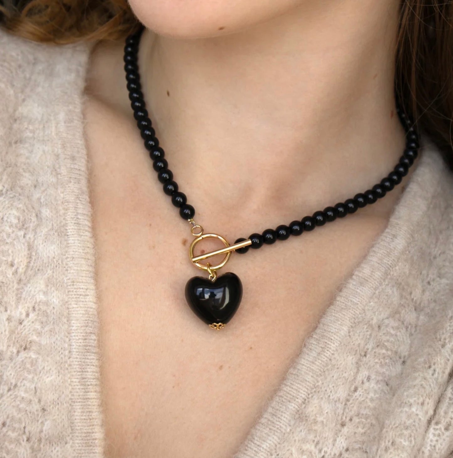 Black bead and heart toggle necklace