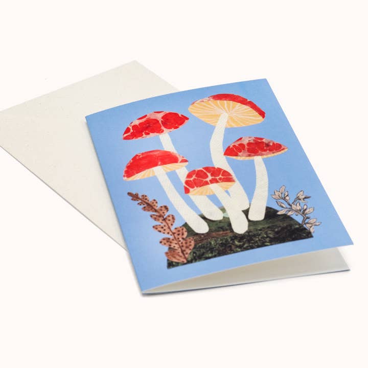 Red and blue mushroom card