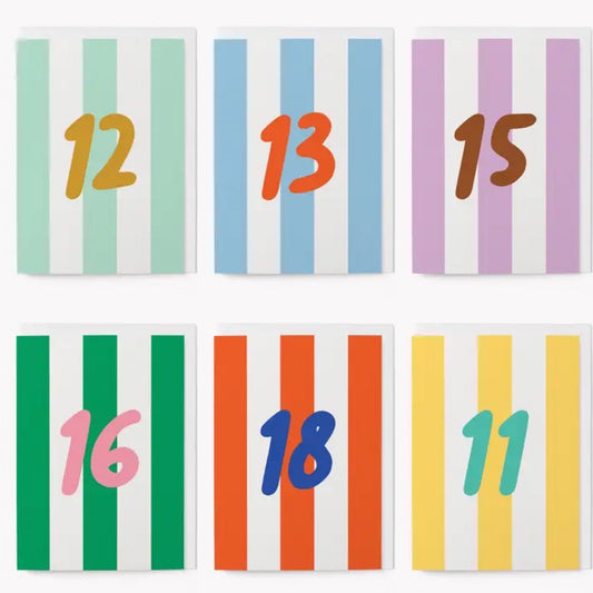 Stripy number birthday cards 11-18