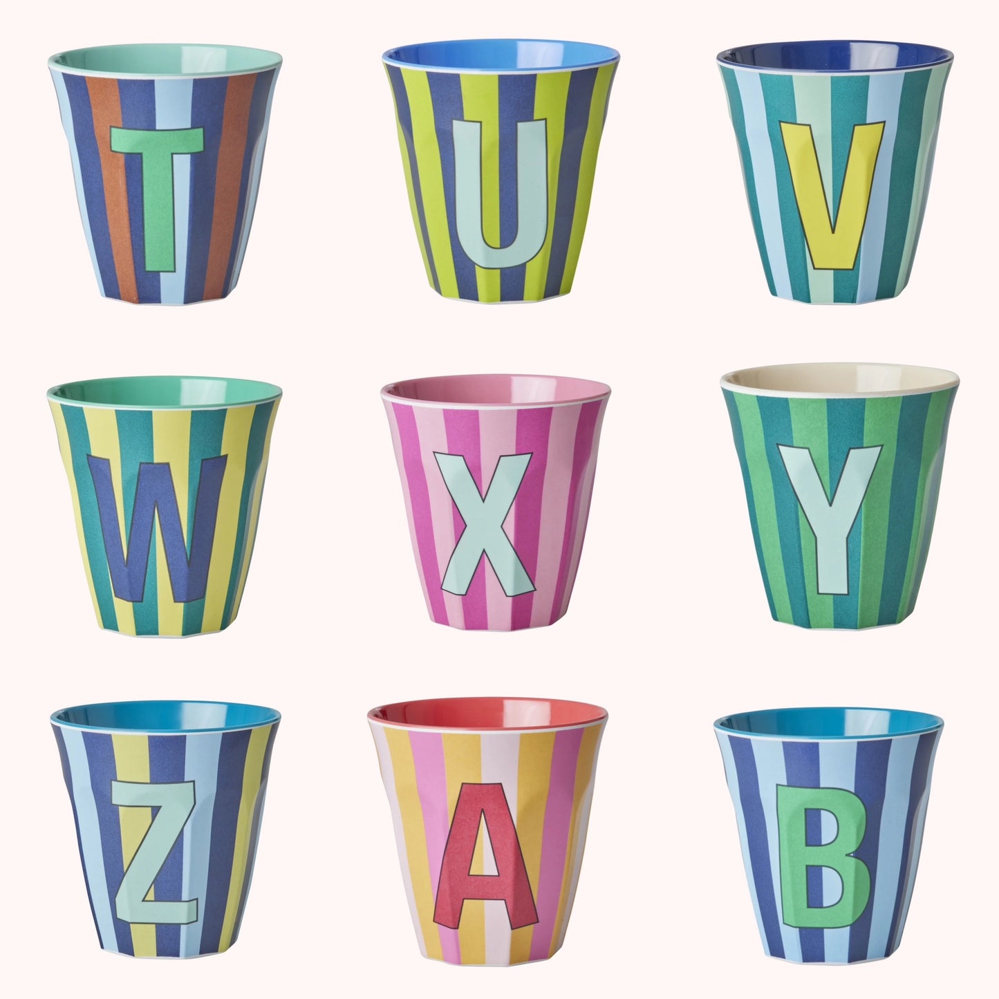 Stripy alphabet melamine cups