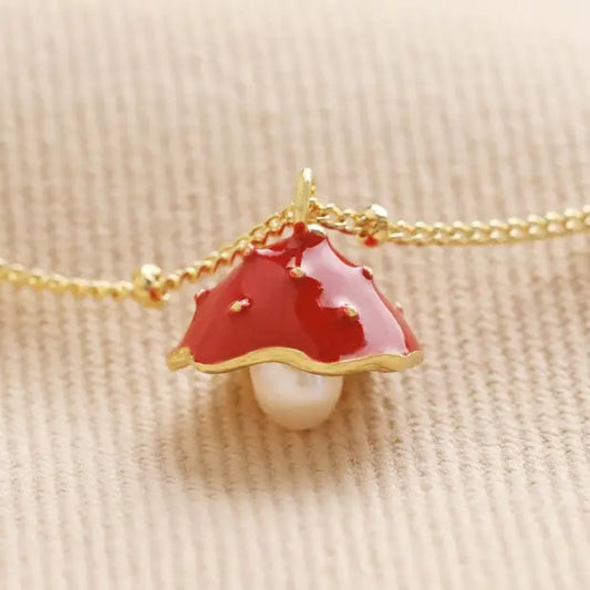 Pearl and enamel toadstool pendant necklace