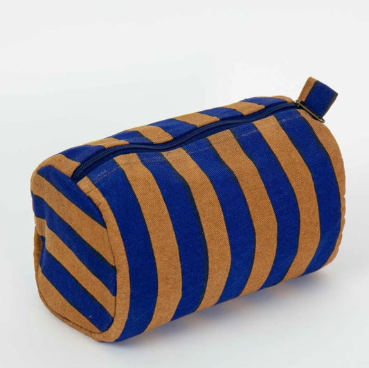 Blue and tan stripy washbag