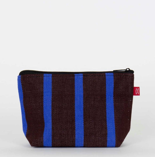Brown and blue stripy toiletry bag