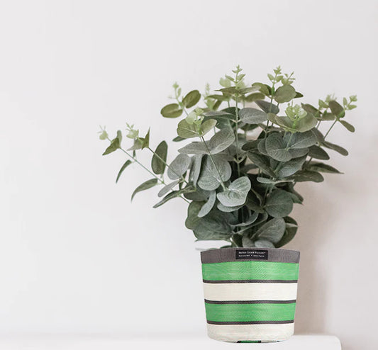 Stripy plant pot cover - medium greens