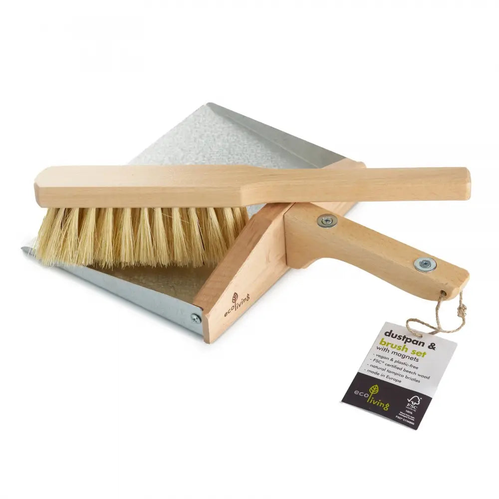 Magnetic wooden dustpan and brush