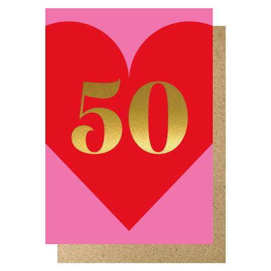 Heart 50 card - red/pink