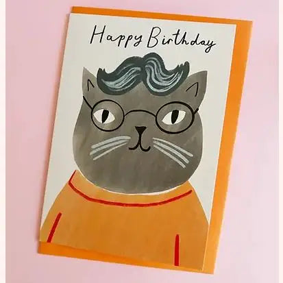 Grey cat happy birthday card