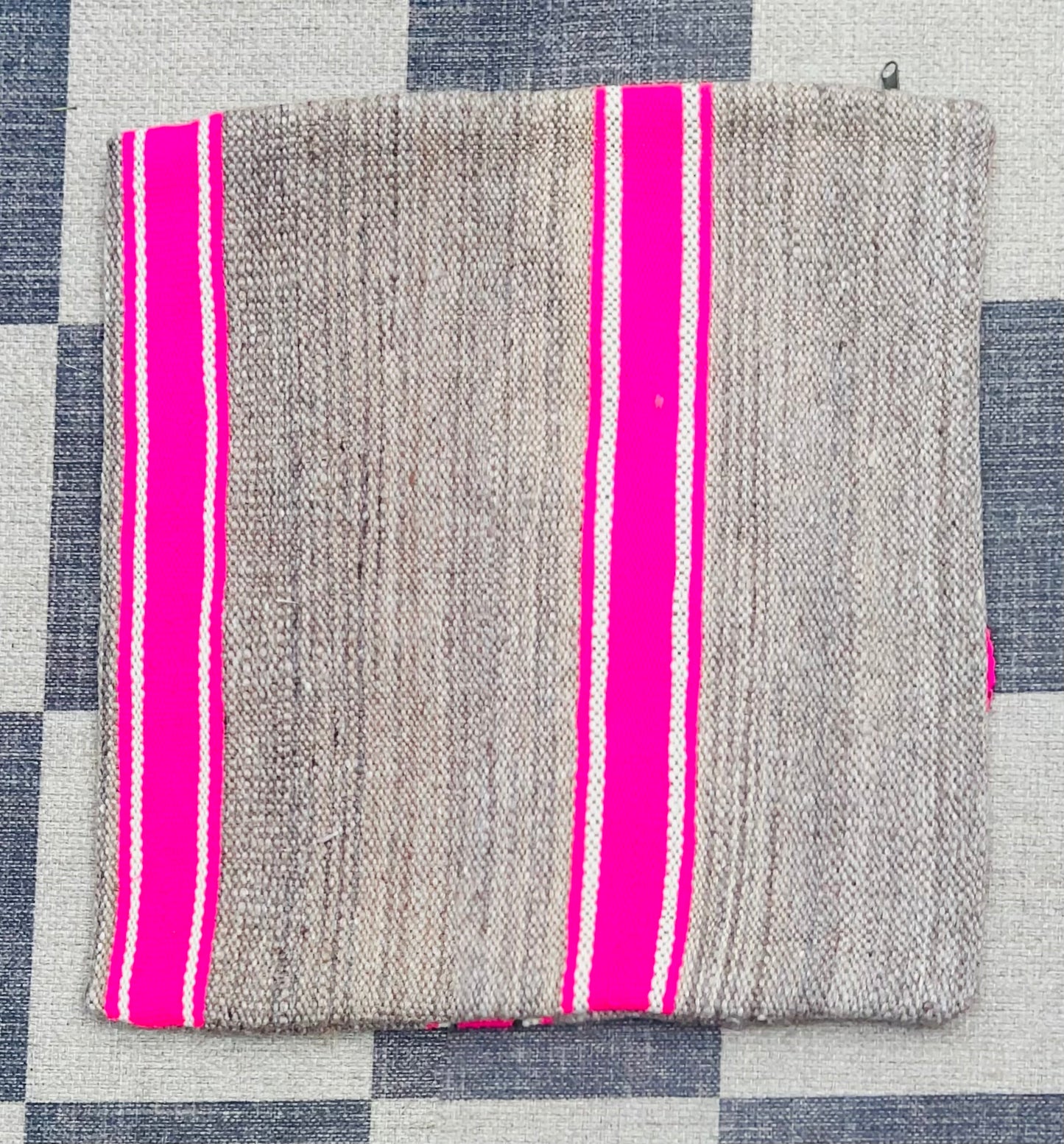 Mushroom and neon pink stripe cushion