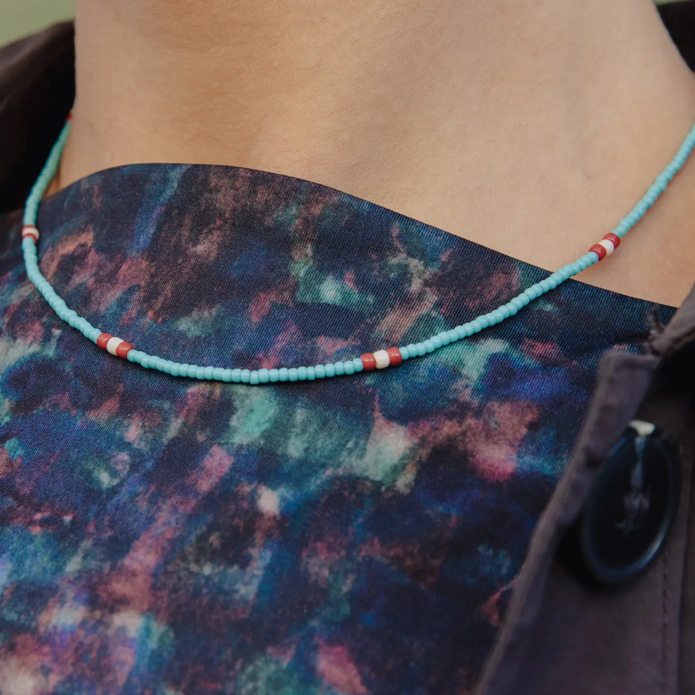 Teal and red beaded necklace