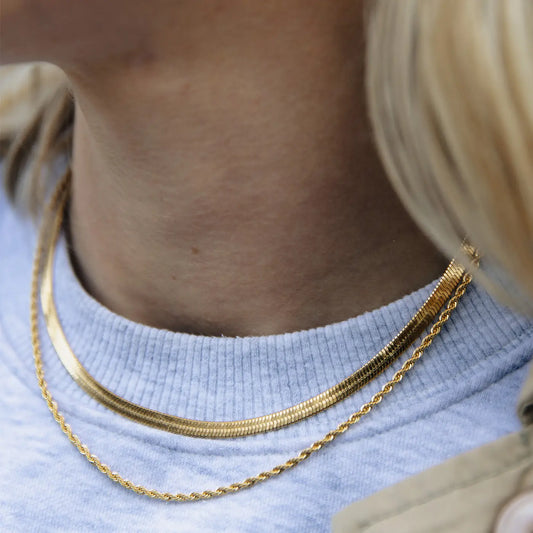 Gold double snake and rope chain layer necklace
