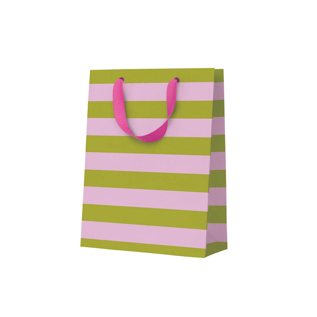 Medium stripy gift bag - green and pink